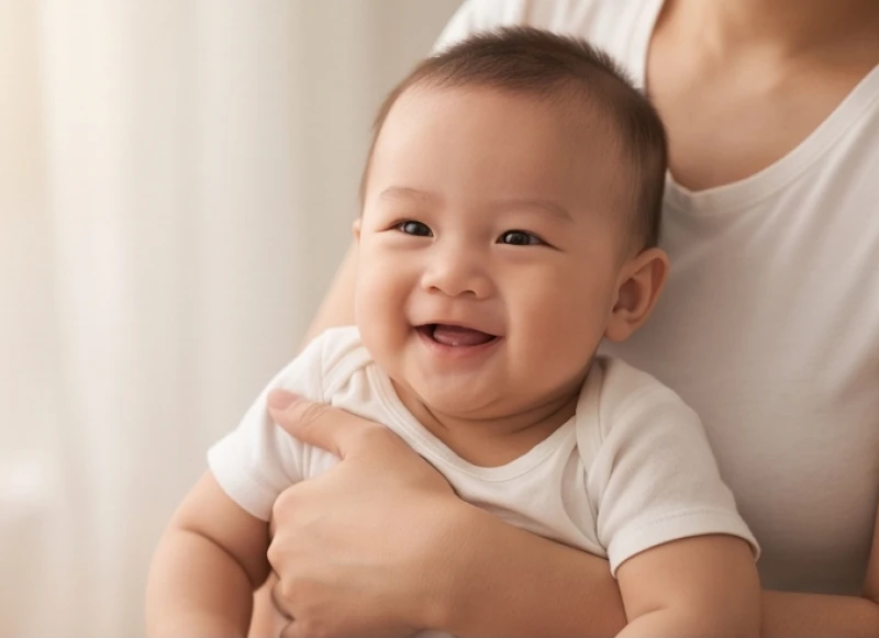 Một bé trai kháu khỉnh đang cười tươi rạng rỡ trong vòng tay, mang lại cảm giác nhẹ nhõm và báo hiệu tin vui về công danh