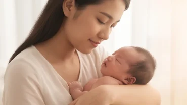 Người mẹ hiền từ đang nhẹ nhàng ôm ấp một em bé sơ sinh say giấc, phản ánh điềm báo của việc mơ thấy ẵm em bé