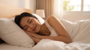 Người phụ nữ ngủ say với nụ cười hạnh phúc, thể hiện ý nghĩa của giấc mơ thấy ân ái với chồng hiện tại