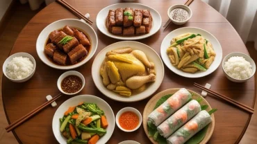Mâm cỗ Việt Nam thịnh soạn với nhiều món ăn truyền thống, gợi liên tưởng đến điềm báo khi mơ thấy ăn cỗ
