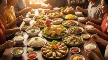 Bữa tiệc truyền thống Việt Nam nhộn nhịp tượng trưng cho giấc mơ thấy ăn cỗ đông người mang điềm báo cát tường