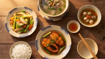Mâm cơm gia đình truyền thống với các món cá tươi ngon thể hiện điềm báo tốt lành khi mơ thấy ăn cơm với cá