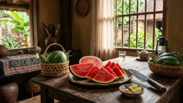Hình ảnh mâm dưa hấu đỏ rực rỡ tươi ngon giúp giải mã điềm báo khi mơ thấy ăn dưa hấu trong văn hóa Việt Nam