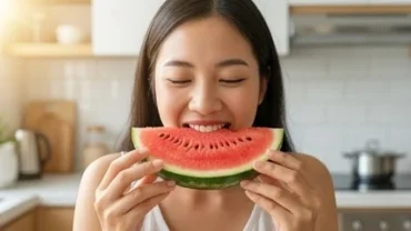 Người phụ nữ tươi tắn đang thưởng thức miếng dưa hấu đỏ mọng đại diện cho điềm báo mơ thấy ăn dưa hấu may mắn