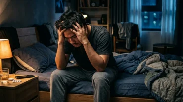 Hình ảnh mô phỏng trạng thái căng thẳng tột độ của một người khi mơ thấy án mạng trong phòng ngủ ban đêm