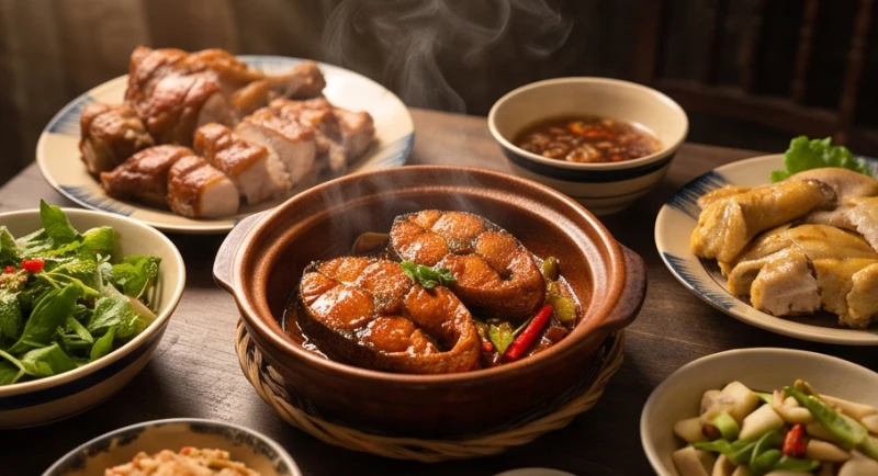 Mơ thấy ăn mặn: Giải mã tâm linh, tập khí & con số may mắn 2 Bàn tiệc đầy ắp các món mặn như thịt quay và cá kho tộ hấp dẫn