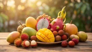 Mâm trái cây nhiệt đới chín mọng tươi ngon tượng trưng cho giấc mơ thấy ăn trái cây mang điềm báo đại cát