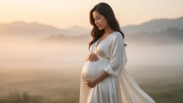 Người phụ nữ mang thai mặc váy lụa trắng dạo bước giữa thiên nhiên tĩnh lặng tượng trưng cho việc mơ thấy bà đẻ