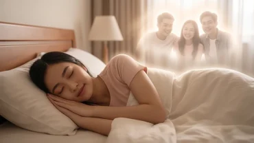 Khuôn mặt mỉm cười bình yên của một người khi mơ thấy bạn bè người quen trong không gian ấm áp