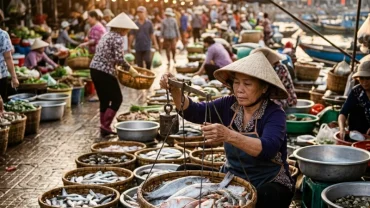 Hình ảnh người thương lái đang bận rộn cân cá tại khu chợ truyền thống Việt Nam gắn liền với điềm báo mơ thấy bán cá