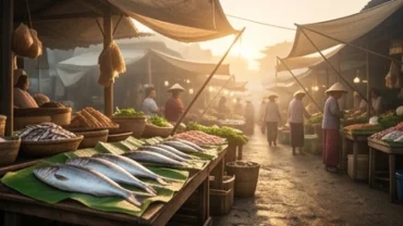 Người phụ nữ đang bán cá tươi tại khu chợ truyền thống nhộn nhịp thể hiện ý nghĩa của giấc mơ thấy bán cá