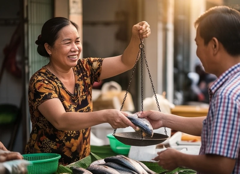 Mơ thấy chợ cá là điềm gì? Giải mã chi tiết và số may mắn 7 Thương lái tươi cười cân cá và thu tiền từ dòng khách hàng tấp nập