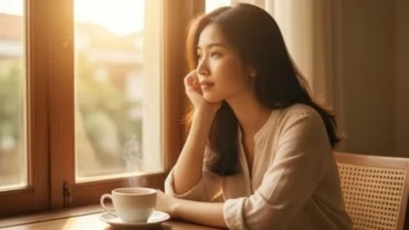 Người phụ nữ trẻ suy tư bên cửa sổ ngập nắng mai khi vô tình nằm mơ thấy bạn cũ và nhớ về những kỷ niệm đẹp
