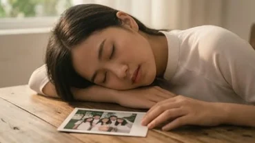 Người phụ nữ Việt Nam trầm tư bên cửa sổ khi mơ thấy bạn cũ lâu ngày không gặp trong không gian hoài niệm
