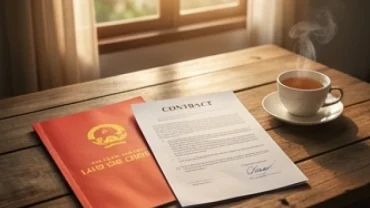 Khung cảnh tĩnh lặng của một sổ đỏ và hợp đồng mua bán đặt trên bàn gỗ thể hiện ý nghĩa mơ thấy bán đất