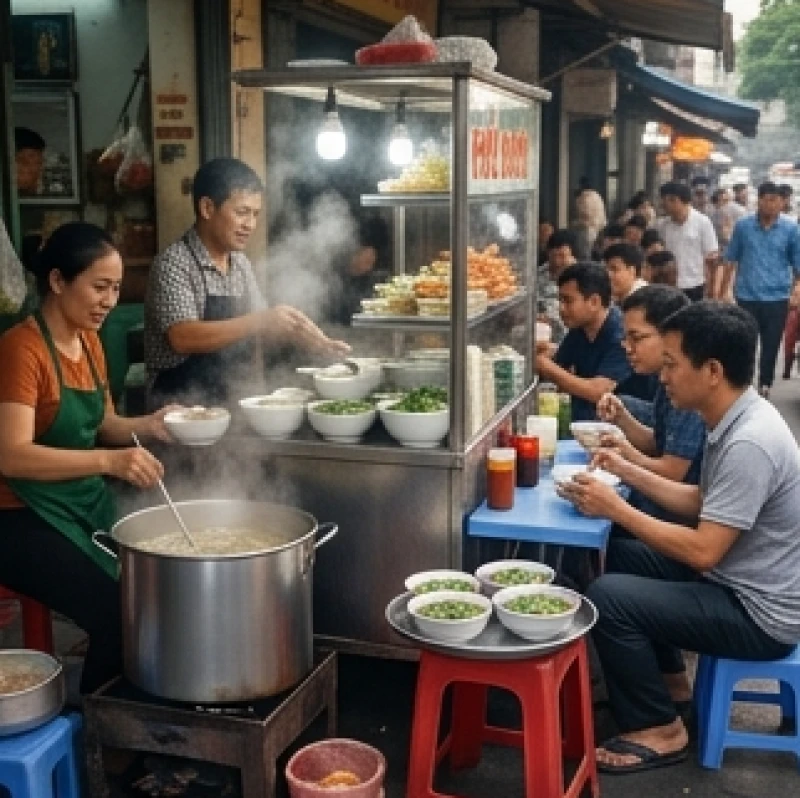 Quán phở Việt Nam đông đúc khách hàng mang lại cảm giác vượng khí cho giấc mơ thấy buôn bán hàng ăn