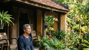 Hình ảnh người đàn ông trầm ngâm suy tư về giấc mơ thấy bán nhà trước thềm ngôi nhà ngói đỏ kiểu Việt Nam