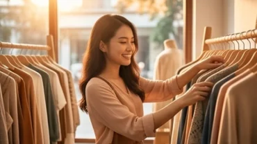 Người phụ nữ trong giấc mơ thấy bán quần áo đang mỉm cười sắp xếp những bộ trang phục mới tinh tại một cửa hàng đẹp