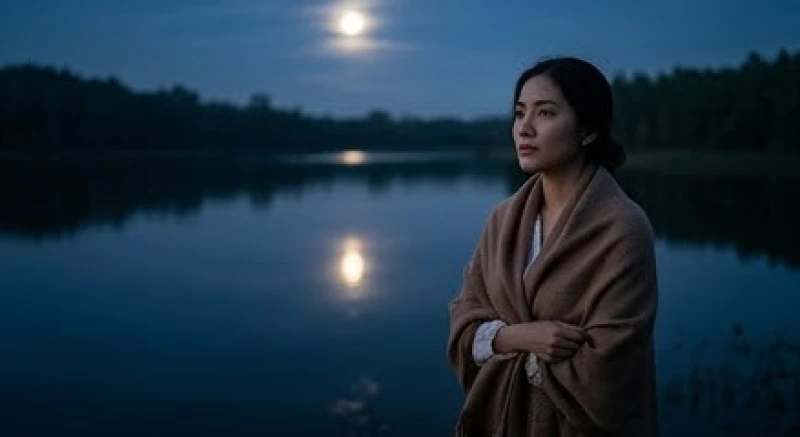 Mơ thấy bạn thân chết: Giải mã tâm lý và cách xử lý thực tế 2 Người phụ nữ đứng trầm ngâm trước mặt hồ nước tĩnh lặng, phản ánh sự ngột ngạt trong cảm xúc