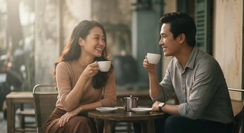 Hai người bạn thân ngồi uống cà phê trò chuyện vui vẻ sau thời gian dài xa cách