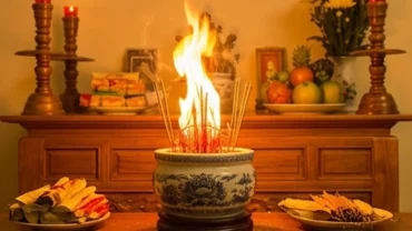 Không gian bàn thờ gia tiên với bát hương bốc cháy rực sáng thể hiện điềm báo của giấc mơ thấy bàn thờ bị cháy
