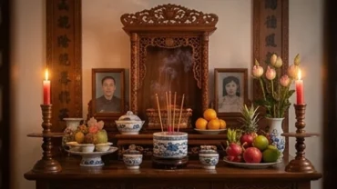 Không gian trang nghiêm trong giấc mơ thấy bàn thờ nhà người khác với ánh nến ấm áp và bát hương ngút khói