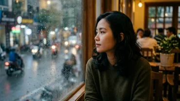 Cô gái Việt Nam ngồi suy tư bên cửa sổ quán cà phê tại Hà Nội sau khi mơ thấy bạn trai cũ
