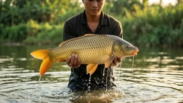 Người đàn ông ôm con cá chép lớn vừa vớt được dưới dòng sông trong vắt, biểu tượng may mắn khi mơ thấy bắt cá