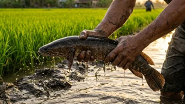 Hình ảnh người nông dân đang bắt cá lóc dưới mương nước bùn lầy minh họa chi tiết cho giấc mơ thấy bắt cá lóc