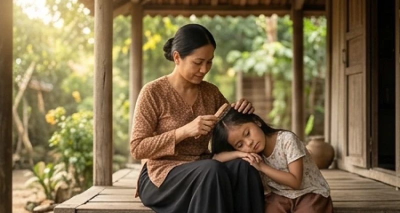 Nằm mơ thấy bắt chấy cho người khác là điềm báo gì, đánh con gì? 2 Người mẹ dịu dàng chải tóc và tìm chấy cho bé gái nhỏ ngồi trong lòng