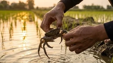 Người nông dân lội dưới ruộng lúa để bắt cua đồng tượng trưng cho điềm báo cát tường khi mơ thấy bắt cua