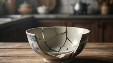 Chiếc bát gốm sứ truyền thống bị vỡ nát trên bàn gỗ mộc, tượng trưng cho điềm báo khi mơ thấy bát đĩa vỡ