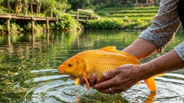 Hình ảnh minh họa điềm báo phong thủy và con số may mắn khi bạn nằm mơ thấy bắt được cá chép trong làn nước trong vắt