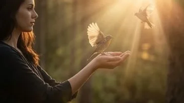 Một người nhẹ nhàng đưa tay đón chú chim nhỏ đậu vào lòng bàn tay tượng trưng cho giấc mơ thấy bắt được chim