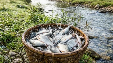 Giỏ tre đầy ắp cá tươi sống bên bờ suối tượng trưng cho điềm báo tài lộc khi mơ thấy bắt được nhiều cá