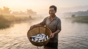 Khung cảnh đẹp như mơ khi người nông dân bắt được nhiều cá tươi cất đầy giỏ tre dưới ánh bình minh rực rỡ