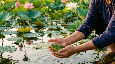 Hình ảnh một người đang lội nước ở ao sen nông thôn Việt Nam minh họa chi tiết cho giấc mơ thấy bắt ếch