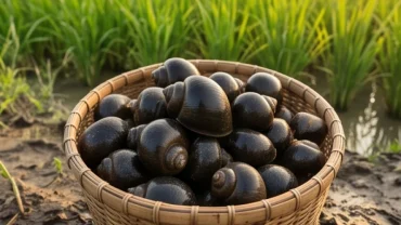 Giỏ tre đựng đầy ốc bươu đen vừa bắt ngoài ruộng lúa, minh họa cho điềm báo cát lành khi mơ thấy bắt nhiều ốc