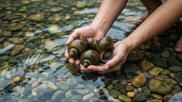 Người lặn bắt ốc dưới dòng nước trong vắt biểu tượng cho tài lộc và may mắn