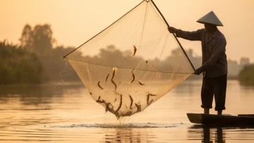 Người nông dân cất vó bắt tôm trên sông quê dưới ánh nắng hoàng hôn đại diện cho điềm báo mơ thấy bắt tôm đầy tài lộc