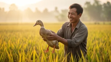 Cảnh người nông dân lùa bắt đàn vịt khỏe mạnh trên đồng lúa vàng trong giấc mơ thấy bắt vịt