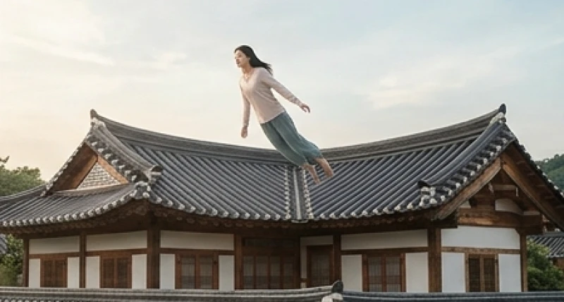 Người lơ lửng đáp nhẹ nhàng xuống mái ngói cổ kính, tượng trưng cho việc phá vỡ rào cản gia đình và định kiến