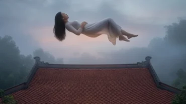 Người phụ nữ lơ lửng thanh bình trên nóc nhà ngói đỏ truyền thống trong giấc mơ thấy bay trên nóc nhà