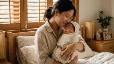 Hình ảnh minh họa trạng thái tâm lý bình yên khi ngủ mơ thấy bế em bé trong không gian phòng ngủ đậm chất Việt Nam
