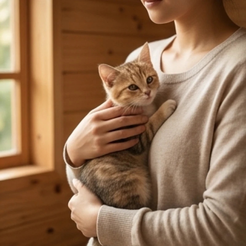 Mơ thấy ôm mèo: Giải mã điềm báo từng bối cảnh & con số may mắn 1 Một người nhẹ nhàng ôm chú mèo nhỏ trong không gian mộc mạc thể hiện ý nghĩa mơ thấy ôm mèo