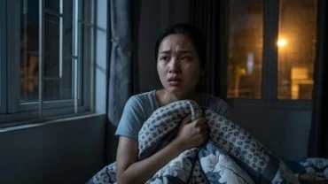 Người phụ nữ Việt Nam giật mình tỉnh giấc giữa đêm với biểu cảm lo âu vì mơ thấy bệnh tật