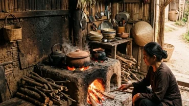 Hình ảnh ngọn lửa cháy rực rỡ trên chiếc bếp củi truyền thống mang ý nghĩa tốt lành cho người mơ thấy bếp lửa