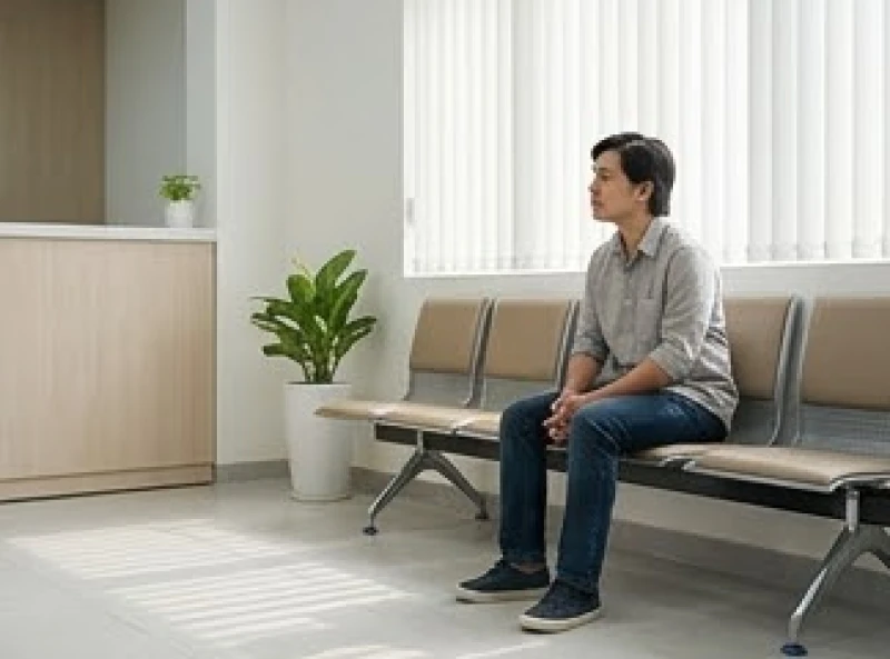 Bệnh nhân ngồi chờ trên hàng ghế phòng khám với vẻ mặt trầm tư suy nghĩ