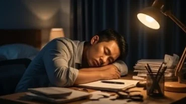 Người đàn ông mệt mỏi ngủ gục trên bàn làm việc trong ánh sáng lờ mờ phản ánh mơ thấy bị điện giật