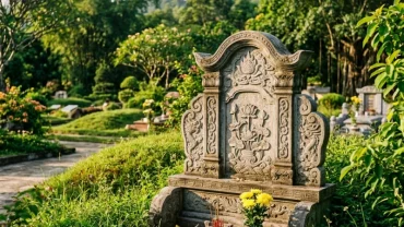 Bia mộ bằng đá nguyên khối tĩnh lặng trong nắng mai minh họa cho ý nghĩa điềm báo khi mơ thấy bia mộ của gia đình